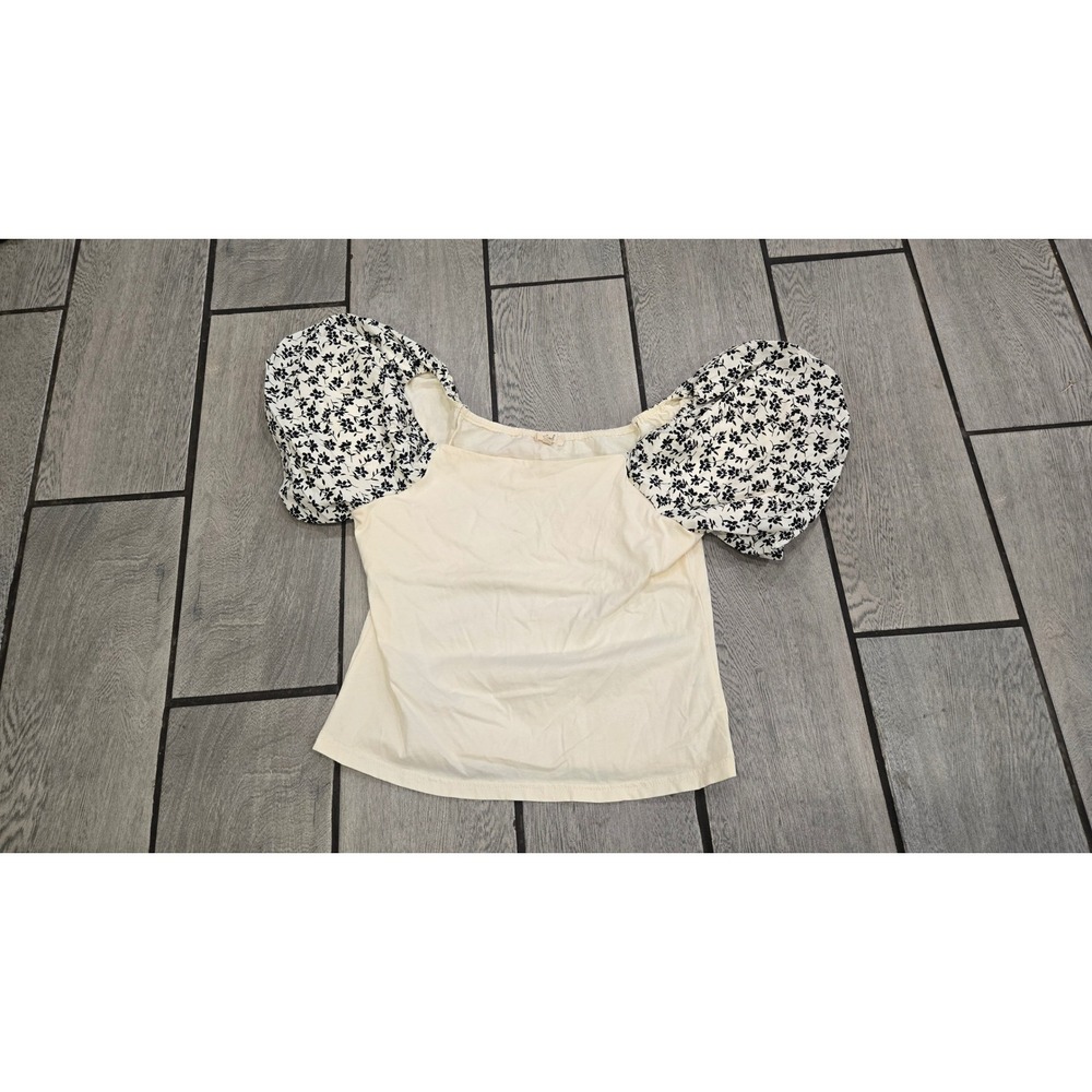 Easel Los Angeles Cream Puff Sleeve Floral Mixed Media Square Neck Top Medium